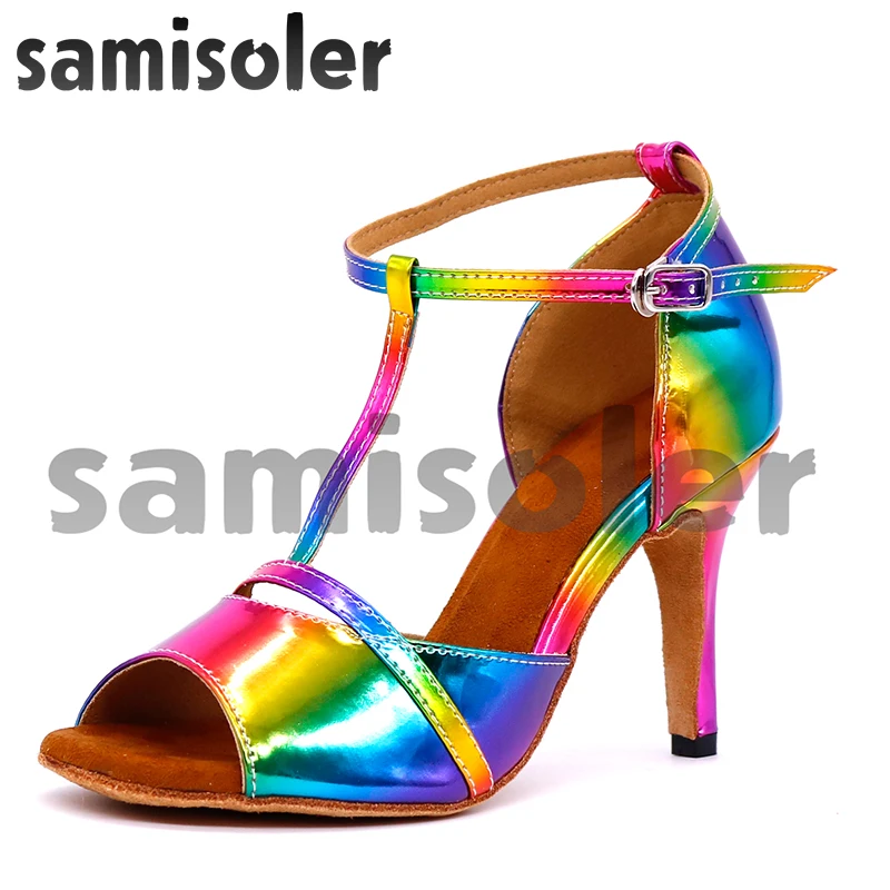 Samisoler Latin Dance Shoes Rainbow Colors bright PU Women\'s Salsa elegant Ballroom dancing shoes soft tango dance shoes heel