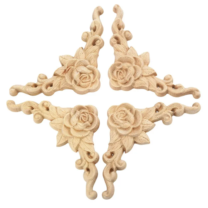 4pcs 8*8cm Wood Carved Corner Onlay Applique Door Cabinet Rose Unpainted European Style