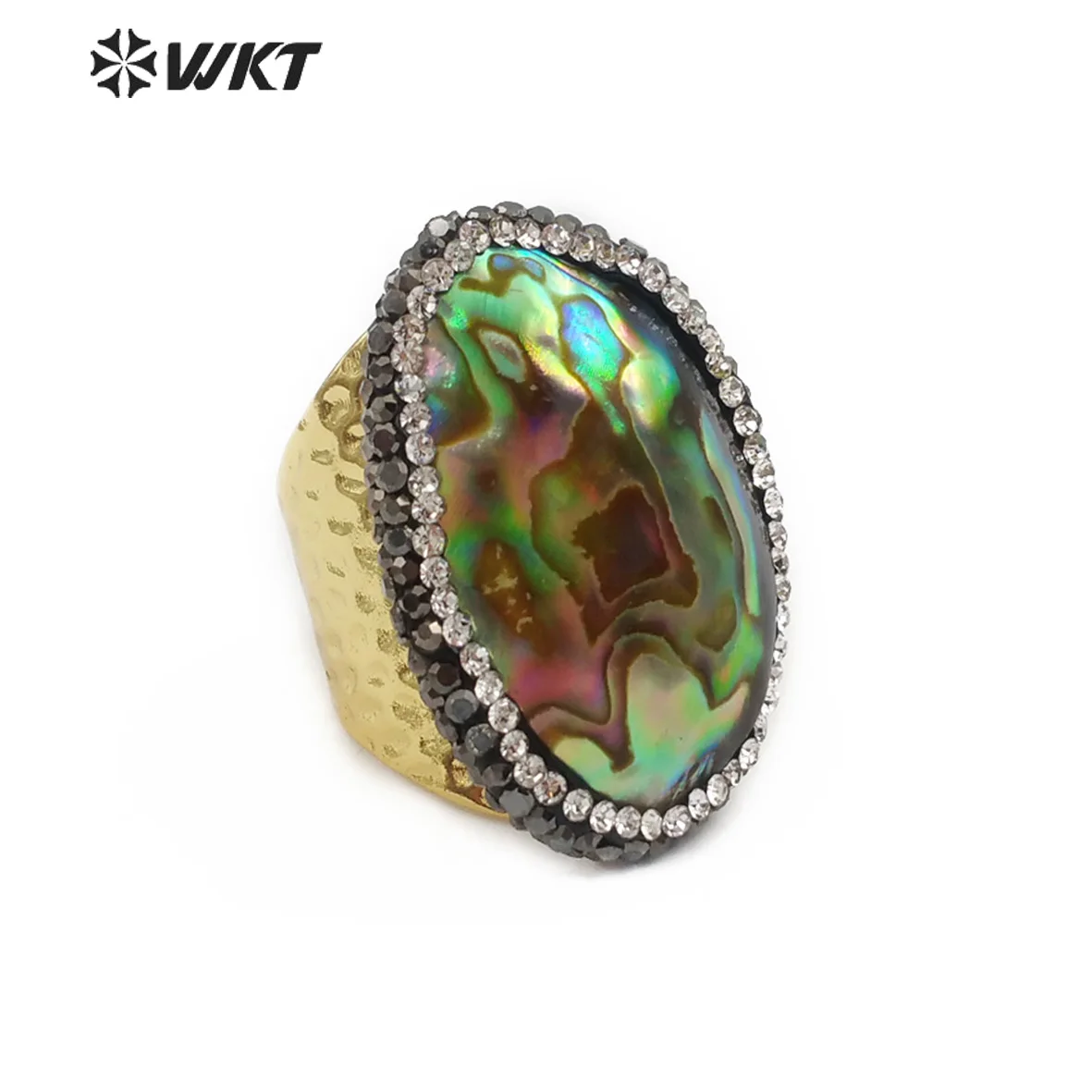 

WT-RR030 Women Abalone Shell Ring Jewelry Colorful Paua With Full Rhinestone Around Oval Shape Adjustable Accessories