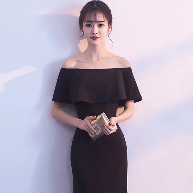 DongCMY Formal Long Black Evening Dress Backless Boat Neck Mermaid Sweep Train Party Women Dresses