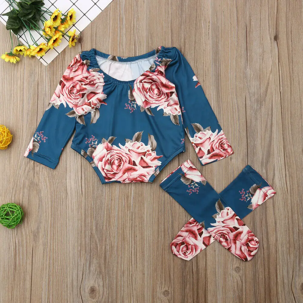 Hot Newborn Toddler Baby Girl Bodysuit One-Piece Long Sleeve O-Neck Flower Romper Jumpsuit+Leg Warmers Casual Outfit Clothes