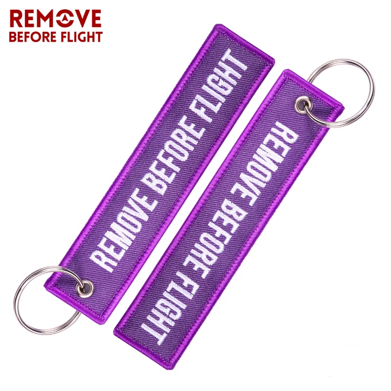 Fashion REMOVE BEFORE FLIGHT Key Chains Purple Embroidery Aviation Keychain for Cars Motorcycles OEM Key Fobs Key Ring Tags