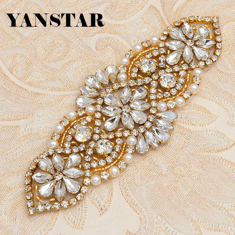 

YANSTAR (10pcs) Wholesale Pearl Rose Gold Bridal Belt Rhinestone Applique Patch Crystal Dress Wedding Belts Handmade YS852