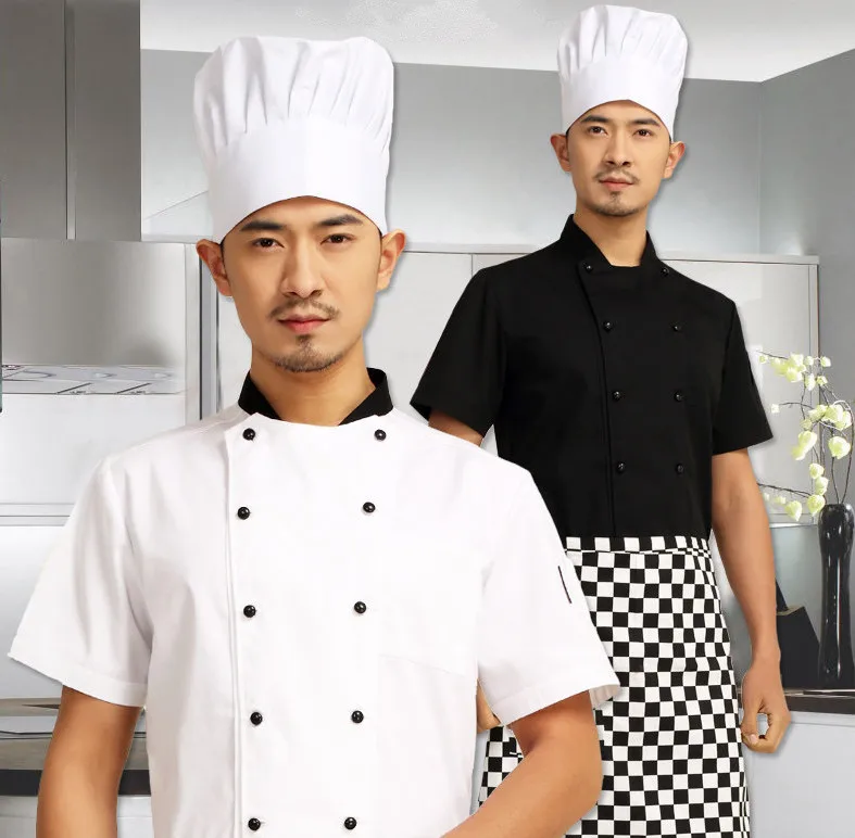 New! Summer Short-sleeve Breathable Double-breasted Restaurant Food Service Chef Jacket Kitchen Chef black and white Uniform