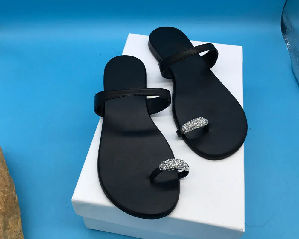 

KATHLYN WONG Real Leather Women Crystal Buckle Slipper Cow Leather Flip Flops G027