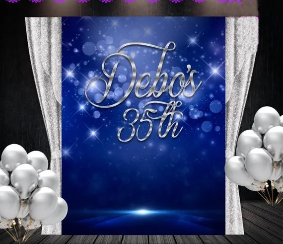 

custom Birthday Blue And Silver Anniversary Elegant Navy Sparkly Bokeh backdrops Computer print party background