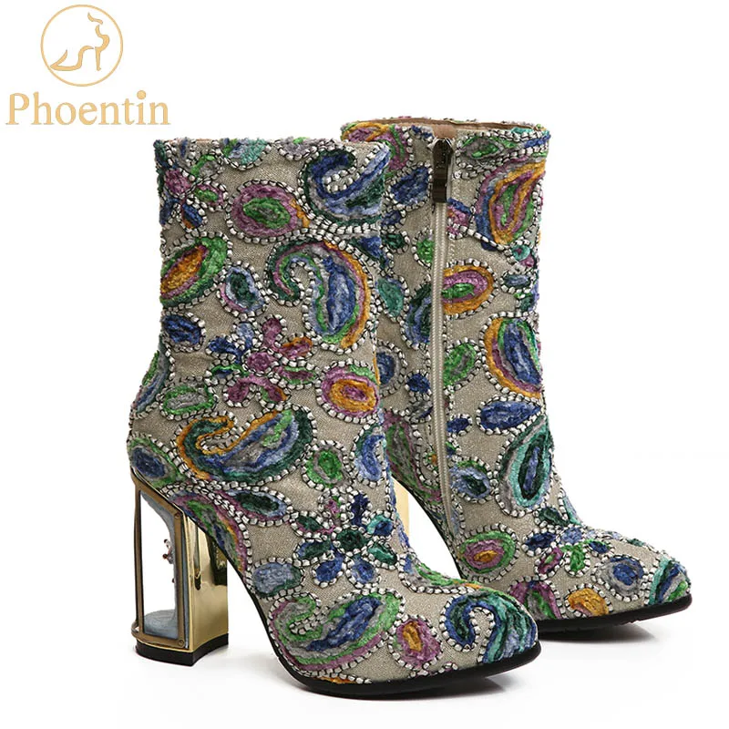 Phoentin ethnic print flower women\'s boots mixed color crystal bird cage high heels 10cm high quality female short boots FT255