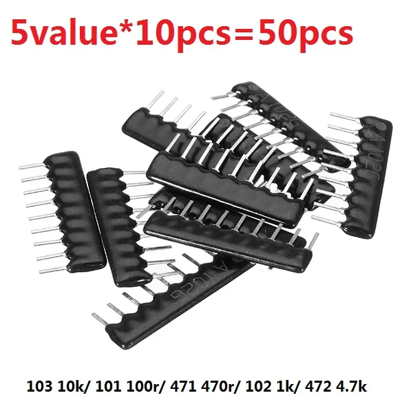 

Network Resistor Kit 5value*10pcs=50pcs A09-103 101 471 102 472 9PIN 4.7K 10K 100R 470R 1K Ohm Assorted Set Exclusion Resistance