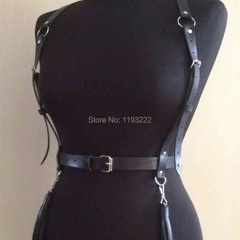 Women Girl Punk Gothic 100% Handcrafted Leather Girl Harness Tassel Fringe Waist Belt Sword Belt Halloween