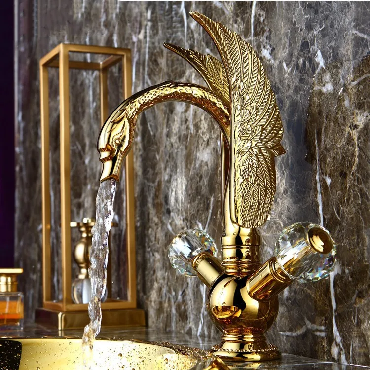 

Super luxury Gold brass bathroom sink faucet Double handle crystal cold hot water mixer tap Swan Art Faucet