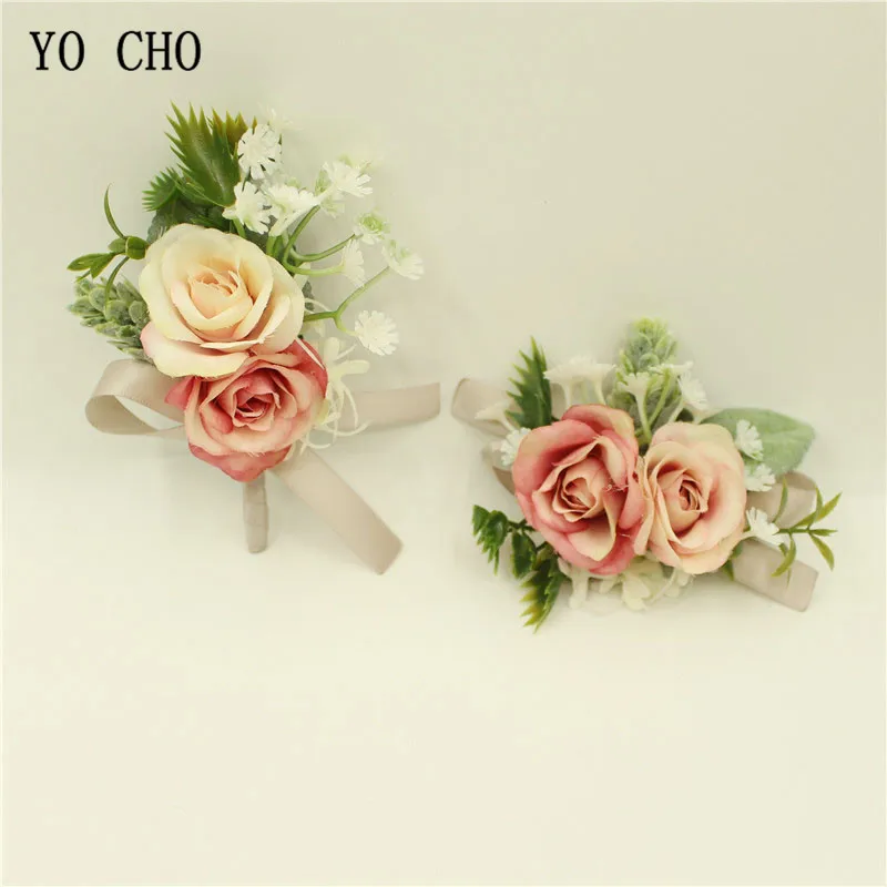 YO CHO Fashion Champagne Pink Rose For Wedding Party Decor Bridal Groom Corsage Hand Flower Bridesmaid Sisters Hand Hat Flowers