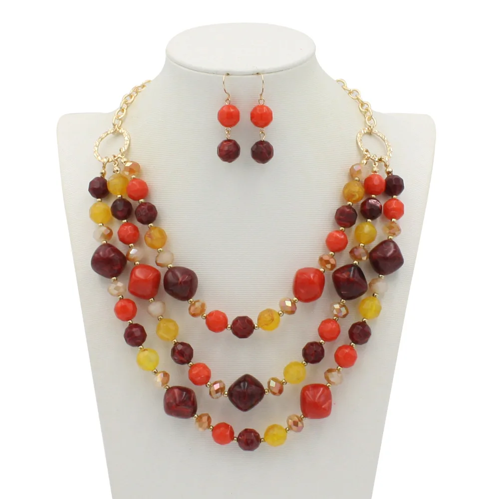 Fashion Acrylic Jewelry Women Retro Big Resin Stone Glass Beads Handmade Necklace Earring Set For Femme Christmas Gift