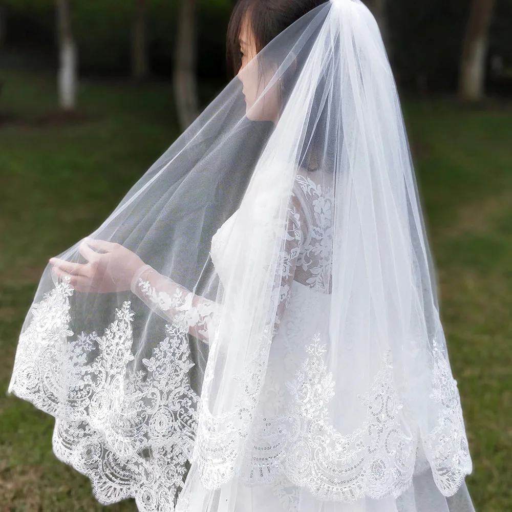 Customized Real Photos 2 Layers Sequins Lace Cathedral Woodland Wedding Veils with Comb 3M Long White Ivory 2 T Bridal Veils