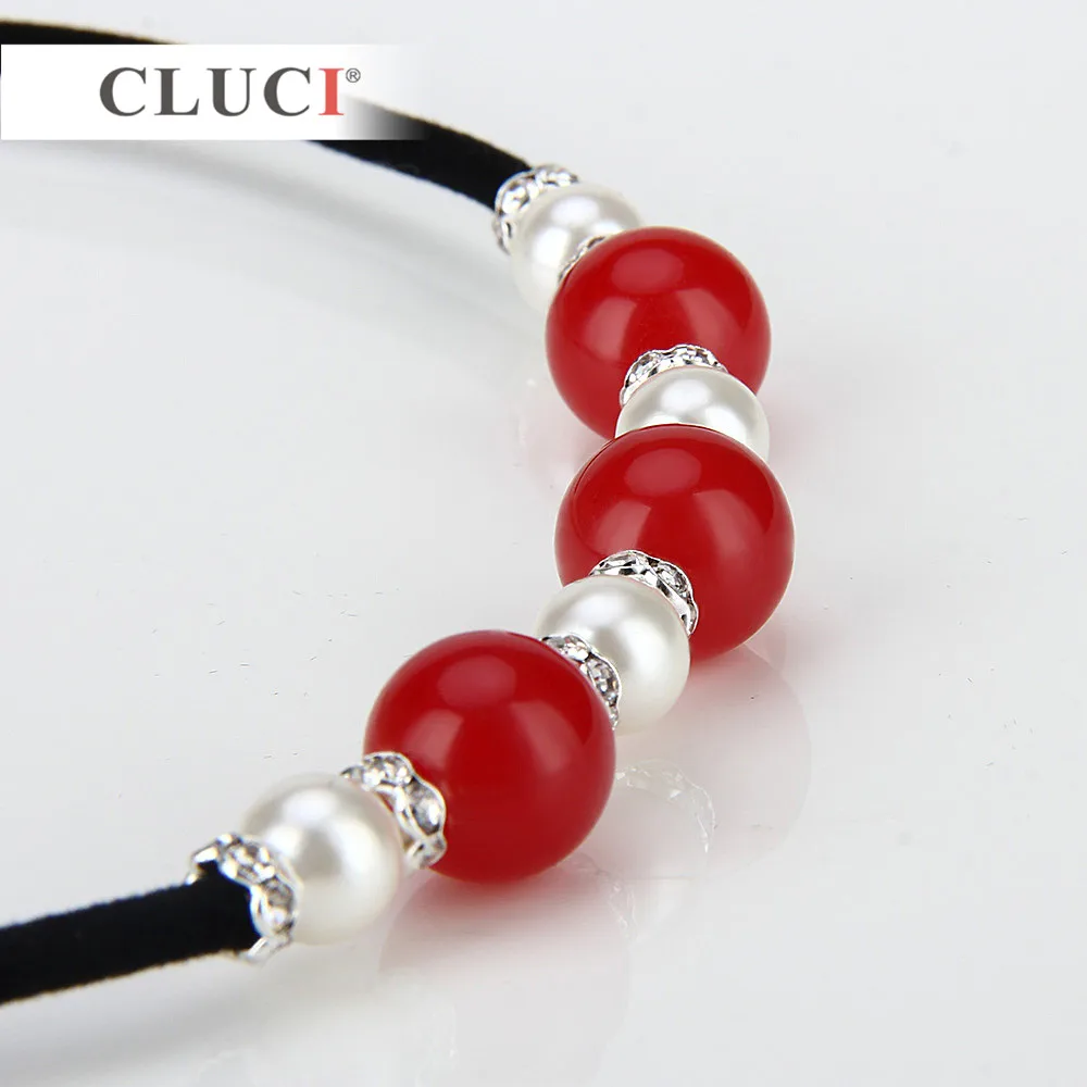 CLUCI 3pcs Red Agate Necklaces Black/Brown Rope Chain String Shell Pearls Zirconia Collar Choker Adjustable Necklaces BN011SB