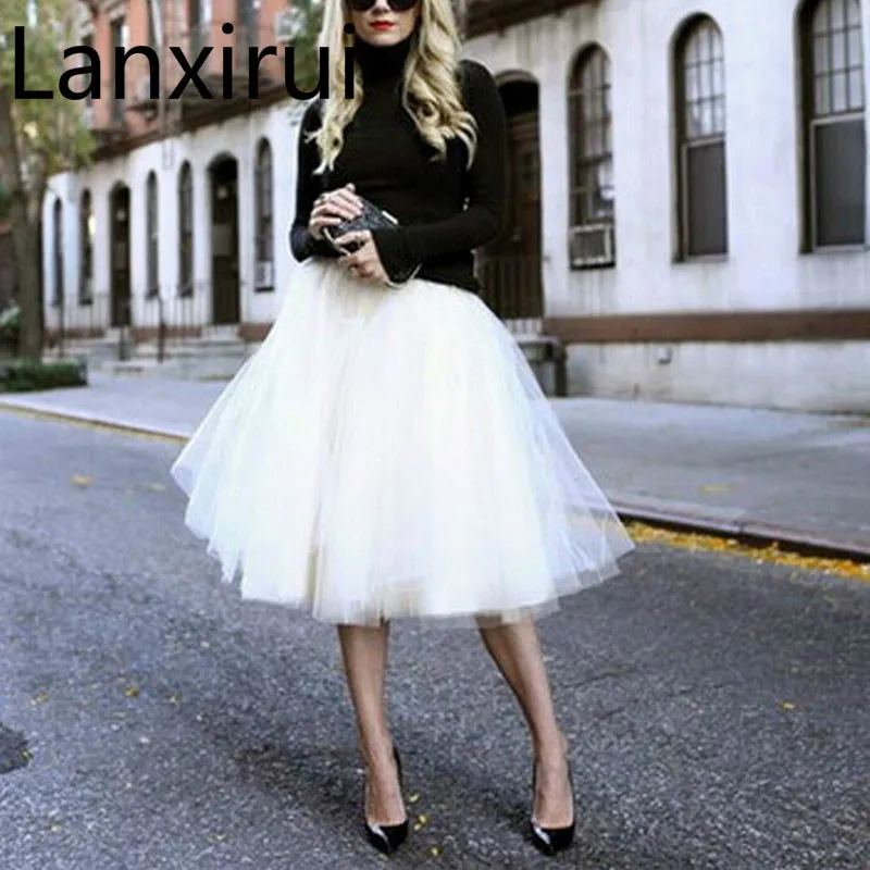 

New Puff Women Chiffon Tulle Skirt White Faldas High Waist Midi Knee Length Chiffon Grunge Jupe Female Tutu Skirts