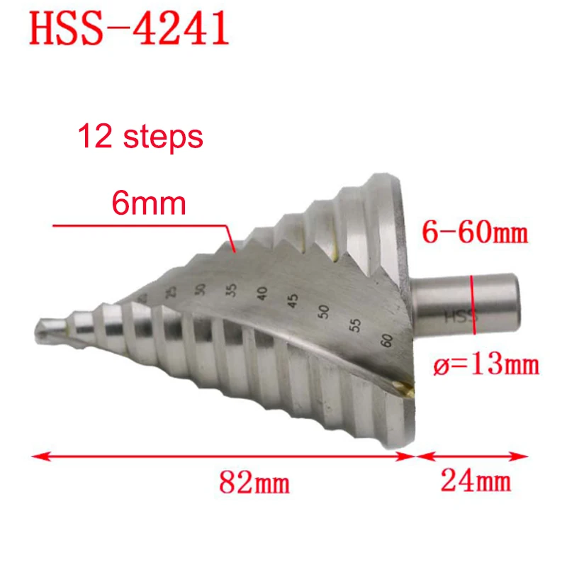 6-60mm Hss 4241 Step Cone Drill Bit Hole Cutter Set 12 Steps Metric Step Drill Wood Plastic Metal Drilling Shank Dia 13mm