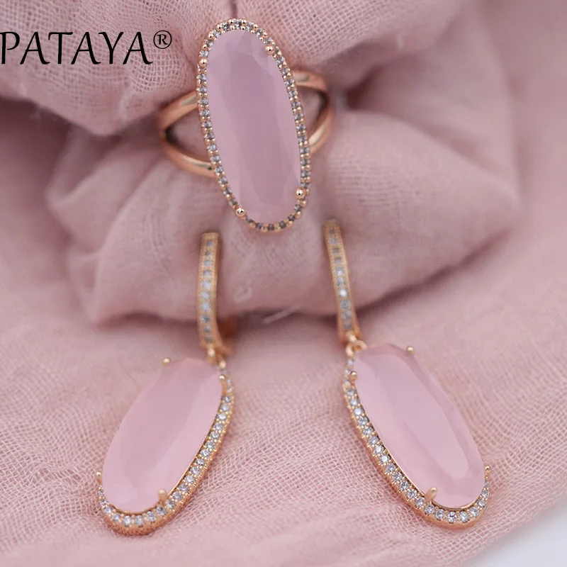 PATAYA New Women Wedding Vintage Jewelry 585 Rose Gold Color Trend Jewelry Sets Natural Zircon Oval Long Earrings Ring Set