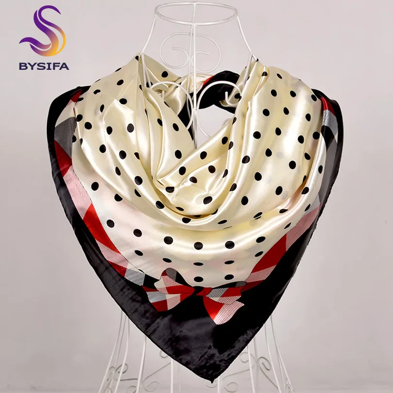 

[BYSIFA] Women Scarf New Black Beige Silk Square Scarf Shawl Ladies Dot Prin Winter Scarves Bandana Spring Fall Head Scarfs Blue