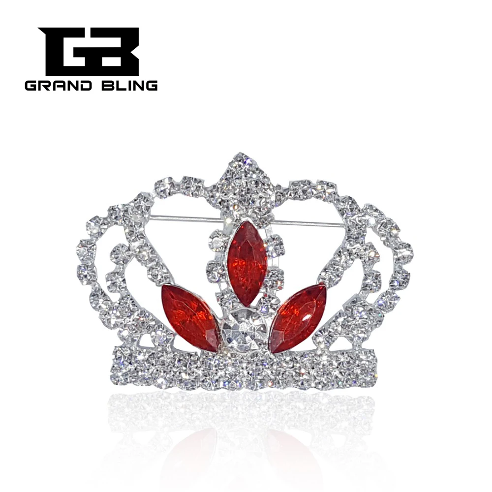 Blingbling Rhinestone Crown Brooch with Red Oval Stones for Lady Queen