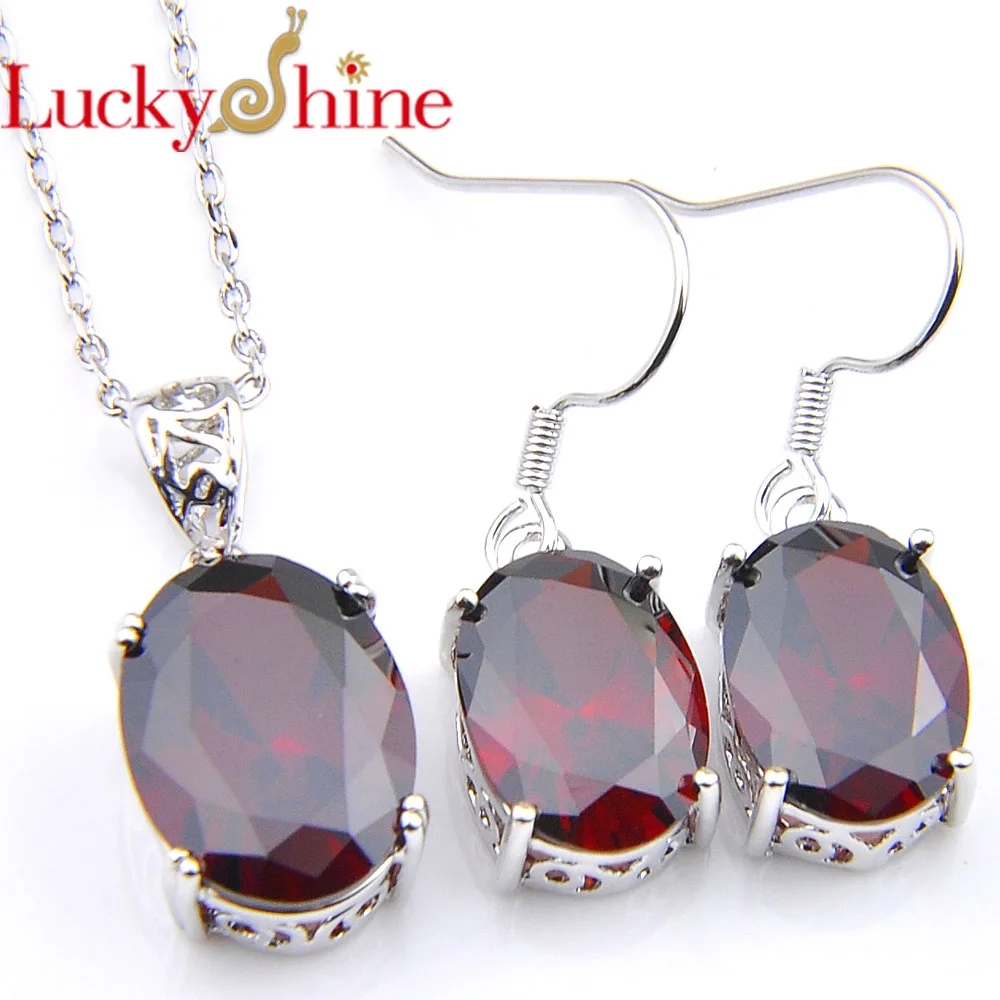 

Luckyshine Mix 2PCS 1 Set Fire Classic Oval Shine Red Garnet Cubic Zirconia Silver Pendants Earrings for Jewelry Sets