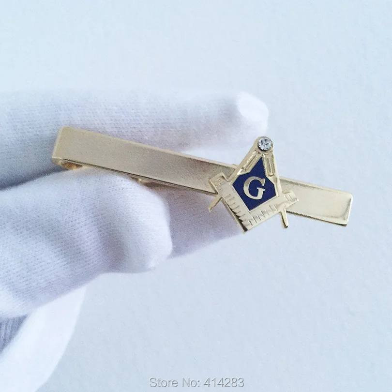 Masonic Masonry Square and Compass Gold Color Rhinestone Fashion Men's Neck Tie Clip Bar Freemason Blue Lodge