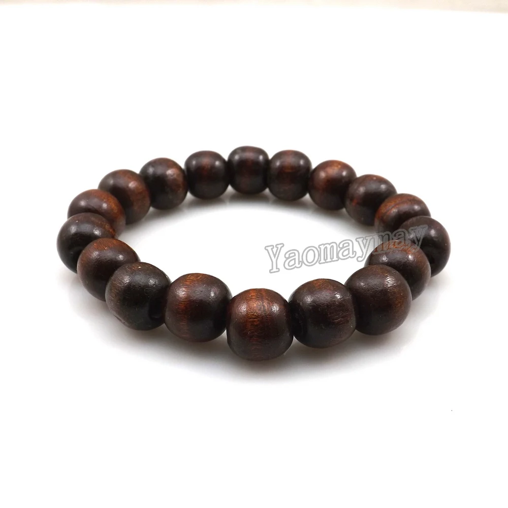 20pcs/lot 12mm Coffee Color Wooden Beaded Bracelets elastic wood beads