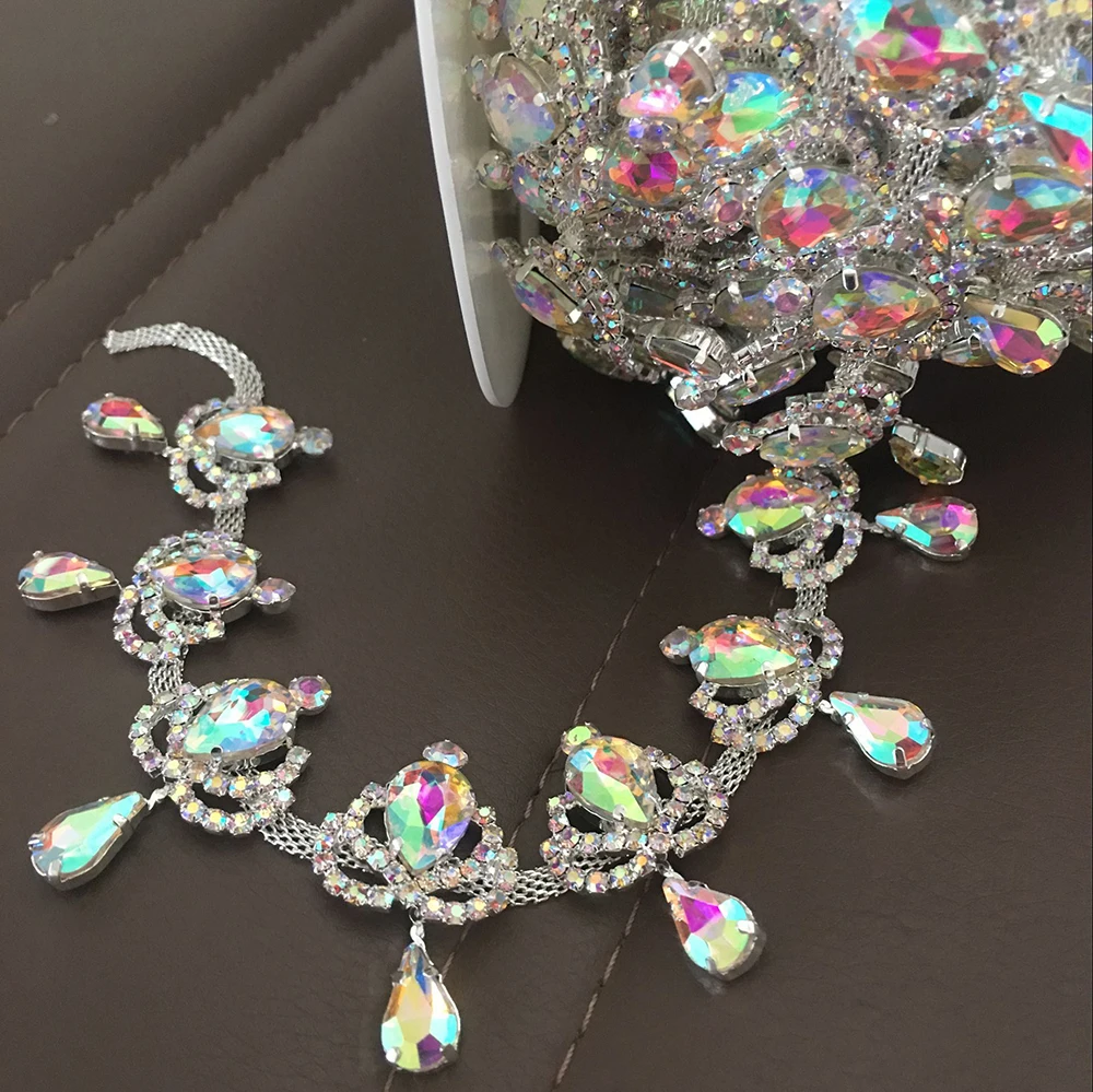 Top-Grade Crystal AB Rhinestone Cup Chain Waterdrop shape Tassel Silver Base Rhinestone Trim AB Sew on Rhinestones DIY