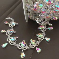 Top-Grade Crystal AB Rhinestone Cup Chain Waterdrop shape Tassel Silver Base Rhinestone Trim AB Sew on Rhinestones DIY