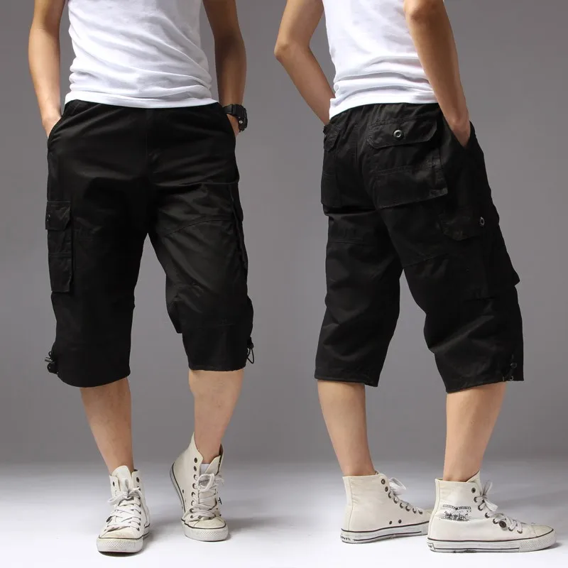 Summer Long Length Cargo Shorts Men Knee Pocket Casual Cotton Elastic Waist Bermudas Male Military Style Capri Breeche Army