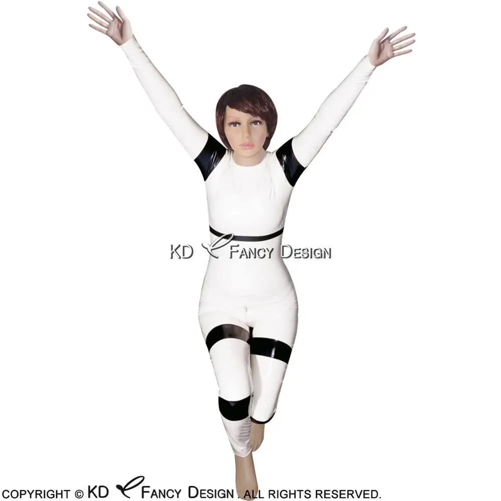 White And Black Sexy Latex Catsuit With Stripes Back Zipper Rubber Bodysuit Zentai Overall Body Suit LTY-0057