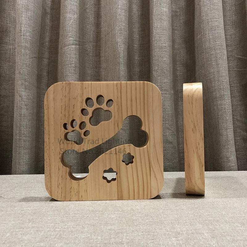 Lampe 3D en bois avec patte de chien et chat, alimentée par USB, ambiance chaleureuse, effet d\'illusion, luminaire décoratif idéal pour une chambre