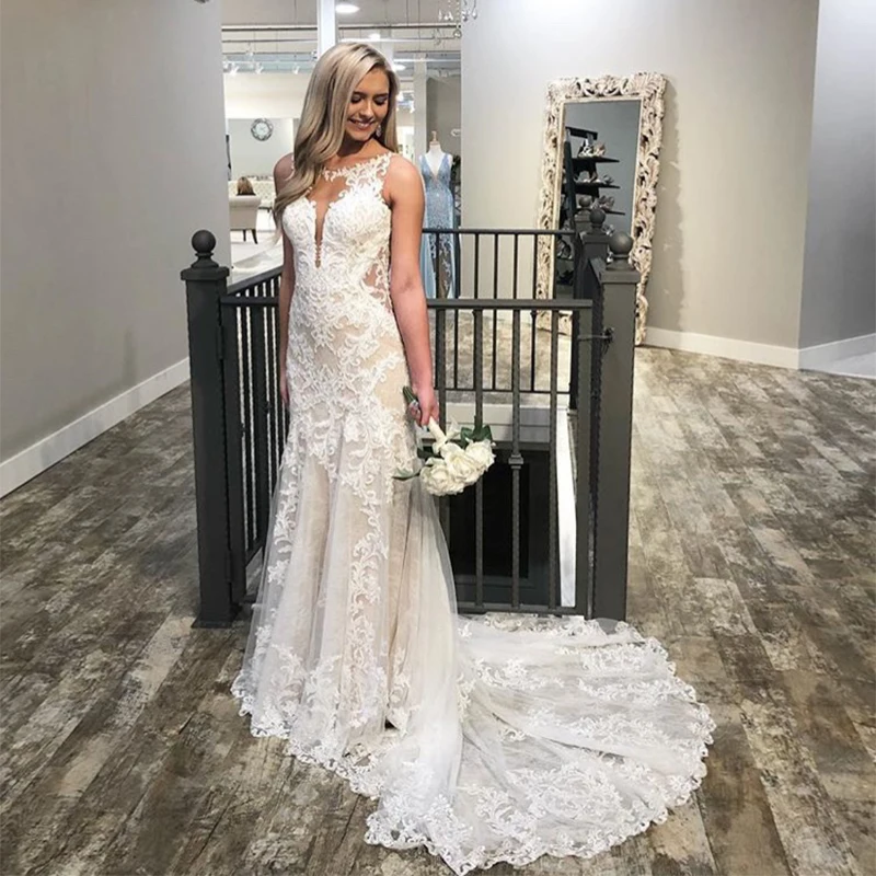 Elegant Mermaid Wedding Dresses Scoop Neck Backless Lace Appliques Sleeveless Vestido De Novia Chapel Train Bridal Gowns 2019