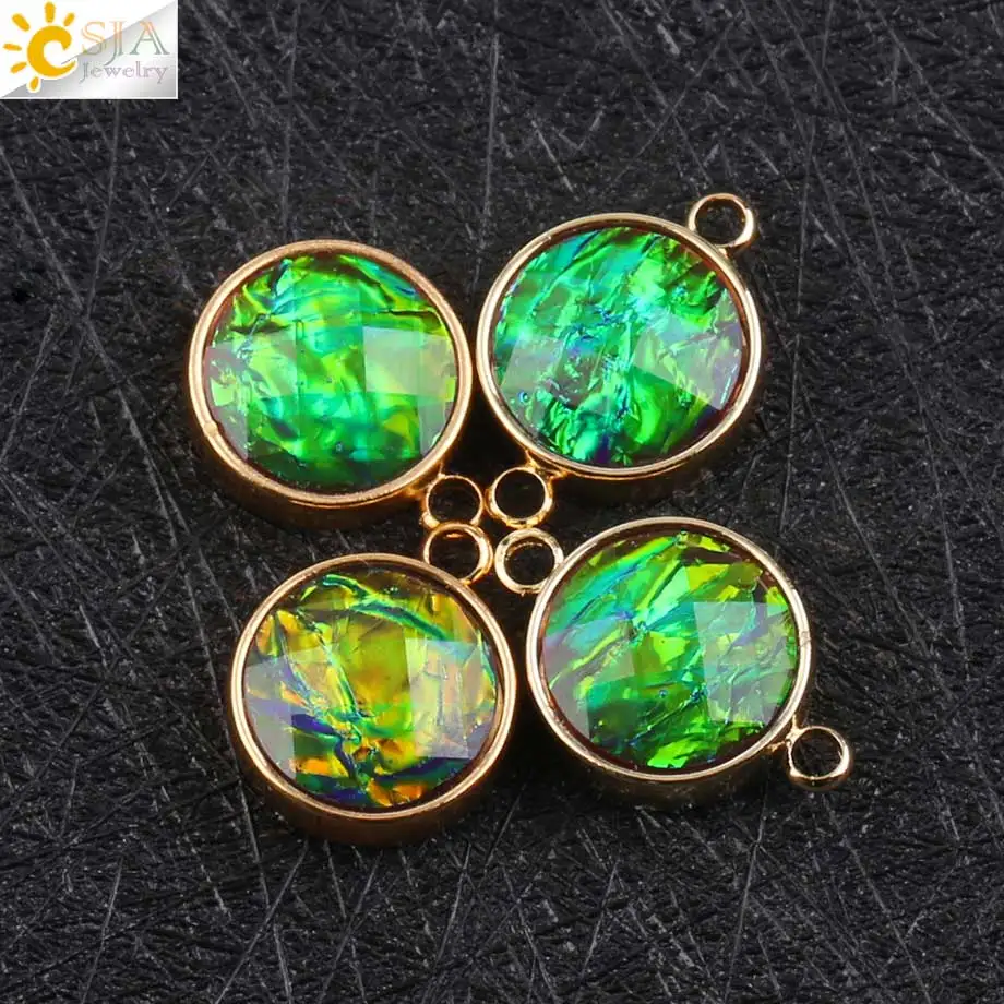 CSJA 1pc Ammolite Connector Silver Color Round Charms for DIY Making Bracelet Necklace Earrings Accessories Crafts Jewelry G090