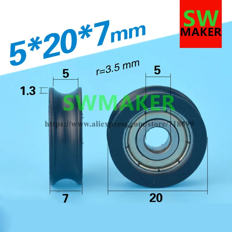 1pcs 5*20*7mm M6*20*7mm groove U type wheel, embedded 625ZZ, rubber bearing pulley for drawer / instrument equipment /3d printer