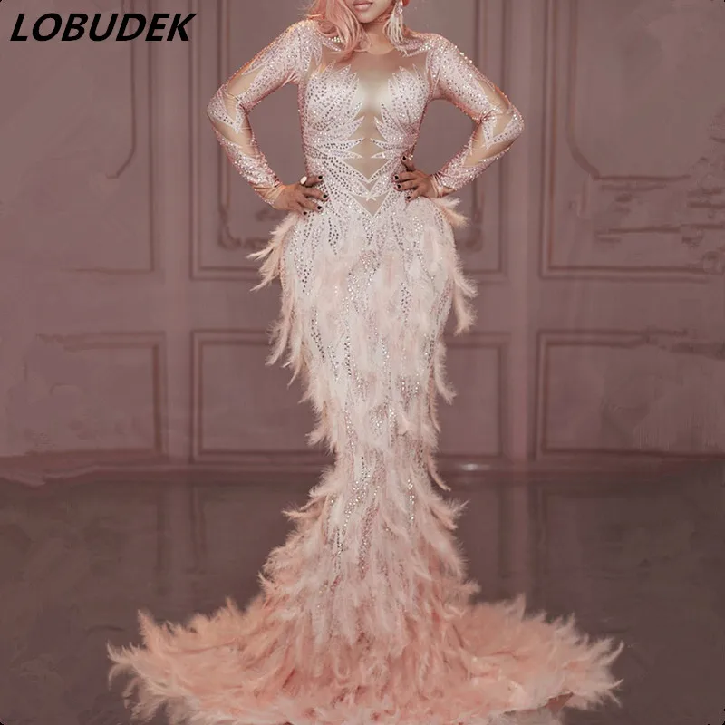 Luxury Rhinestones Pink Feathers Mermaid Long Dress Evening Party Performance Women Singer Host Models Catwalk Trailing Dress