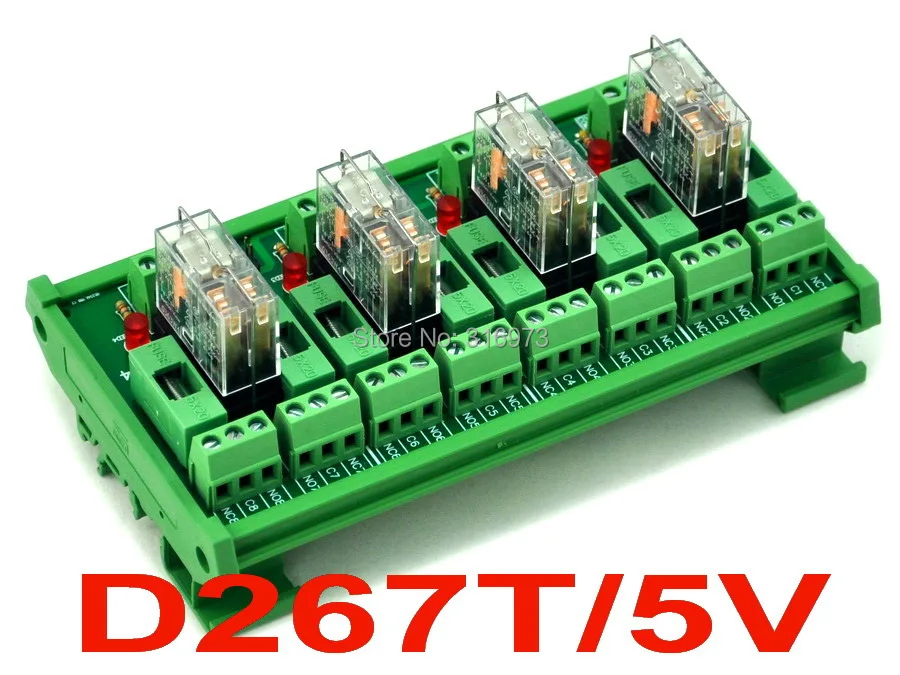 

DIN Rail Mount Fused 4 DPDT 5A Power Relay Interface Module, G2R-2 5V DC Relay.