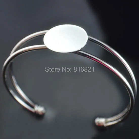 

10pcs Blank Cuff Bangle Settings with Flat Circle Glue Pad Cabochons Base Open Bracelet Bangle DIY Findings Rhodium tone