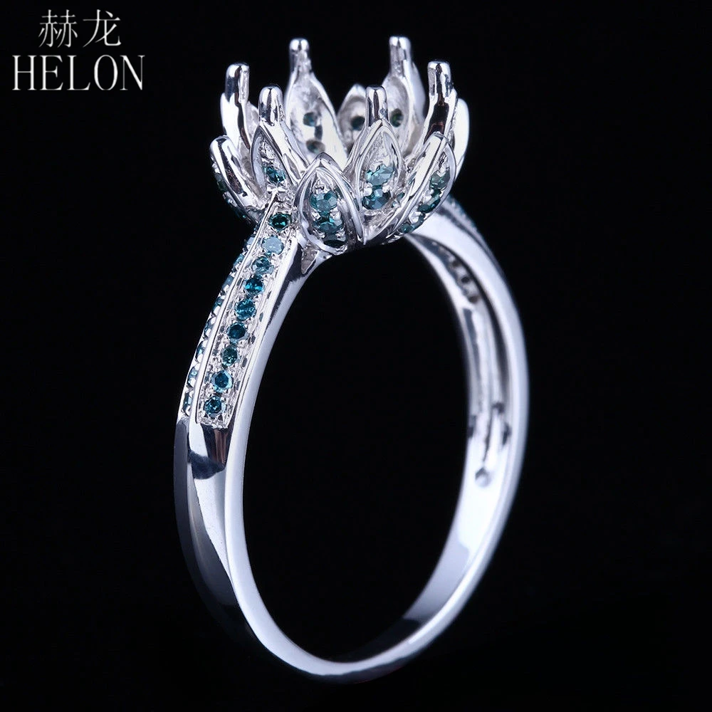 HELON بريليانت 0.4ct الأزرق الماس شبه جبل خاتم فضة 925 اللوتس زهرة الخطبة خاتم الزفاف الجميلة جولة قطع 8-9 مللي متر