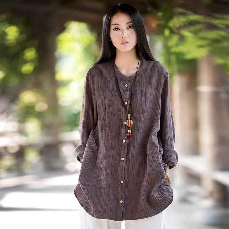 Double Cotton linen Cardigan spring and autumn shirt outwear soft comfortable long sleeve button blouse coat chemise femme