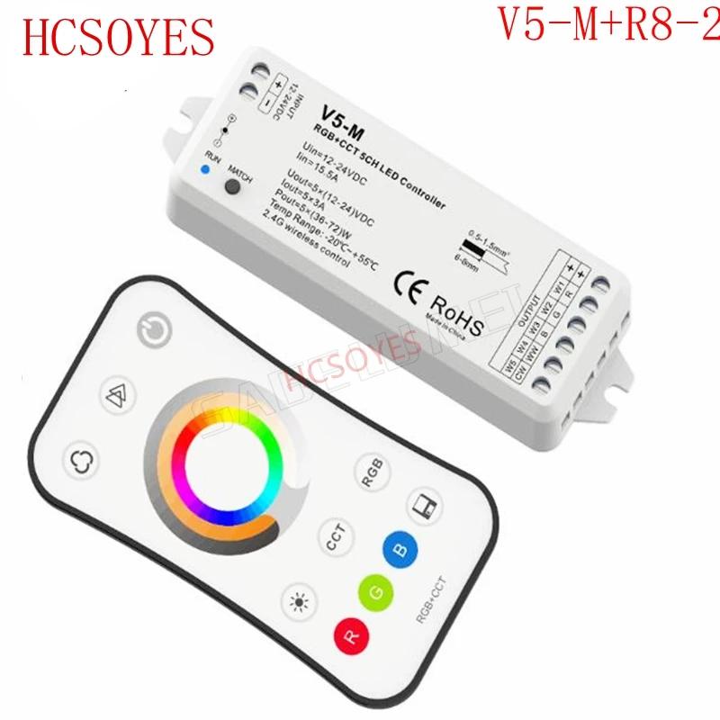 

V5-M+R8-2 DC12V - 24V 5CH 2.4G RF RGB+CCT LED Controller Color temperature brightness control for RGB+CCT LED Tape Strip light