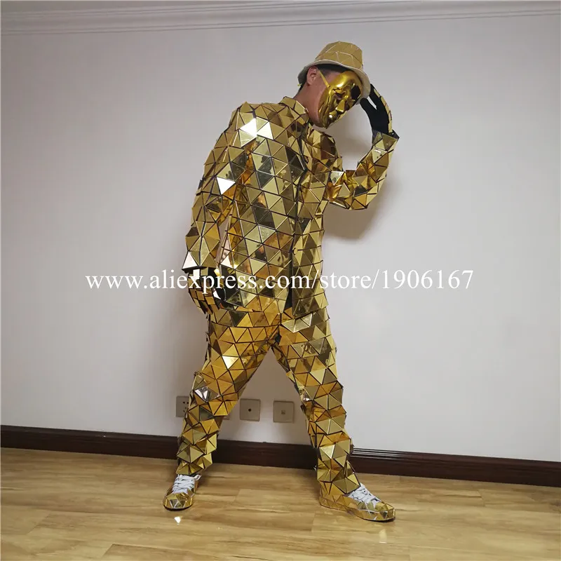 

Silver Gold Mirror Men Robot Suit Catwalk Show Stage Wear Ballrooom Costume Mirror Clothing Party Performance DJ Singer Clothes