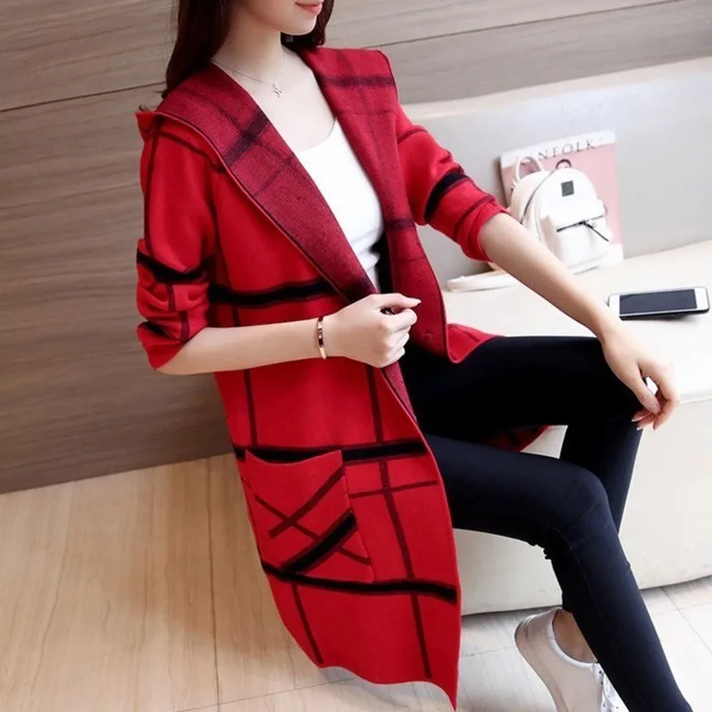 Women\'s Hooded Plaid Sweater Coat, Long Sleeve Cardigan, Elegant Female Fashion, Casual Knitting Sweaters, Autumn, F651