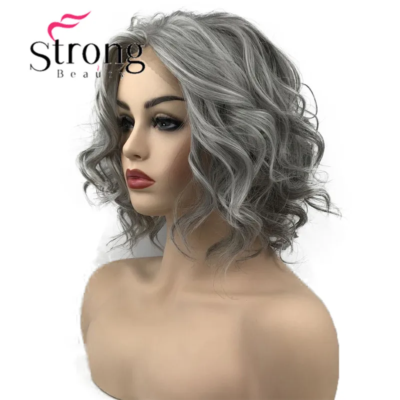 StrongBeauty Lace Front Wig Gray and White mix Short Wavy Synthetic Heat Resistant Hair Wig For Women COLOUR CHOICES