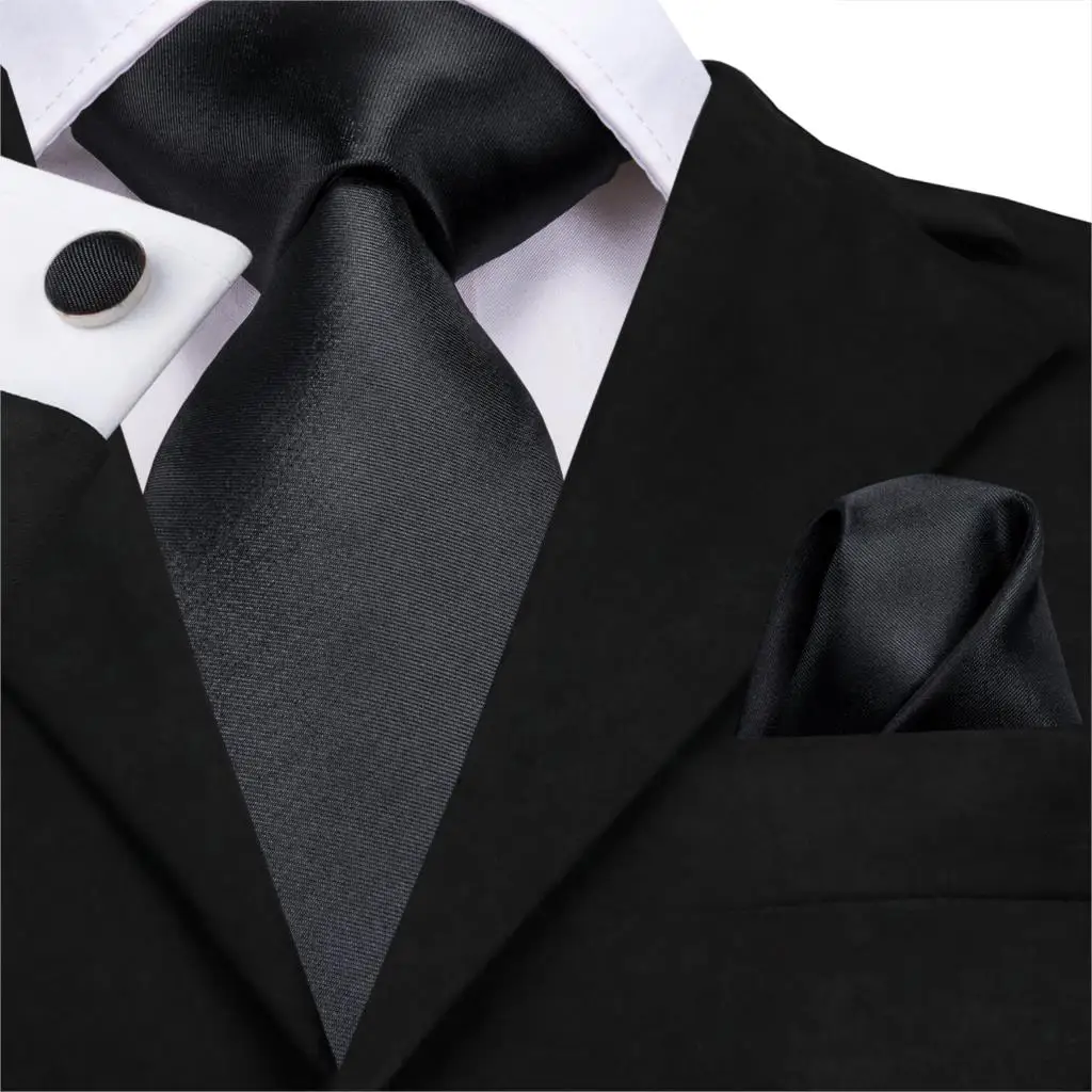 

SN-3140 Black Solid Tie 8.5cm Silk Jacquard Woven Men Tie Plain Necktie Hanky Cufflinks Set Wedding Classic Pocket Square Tie