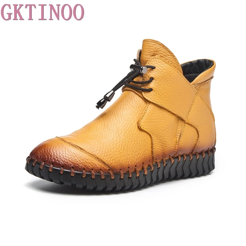 GKTINOO New Women Genuine Leather Boots Handmade Flat Booties Soft Cowhide Women\'s Shoes Lace-Up Ankle Boots Female Winter