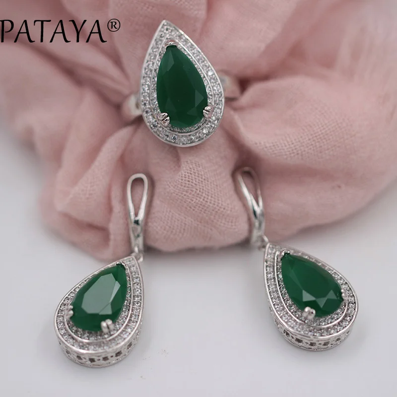 PATAYA True White Gold Color Wedding Jewelry Big Green Water Drop Natural Zircon Earrings Ring Set Women Luxury Trendy Jewelry