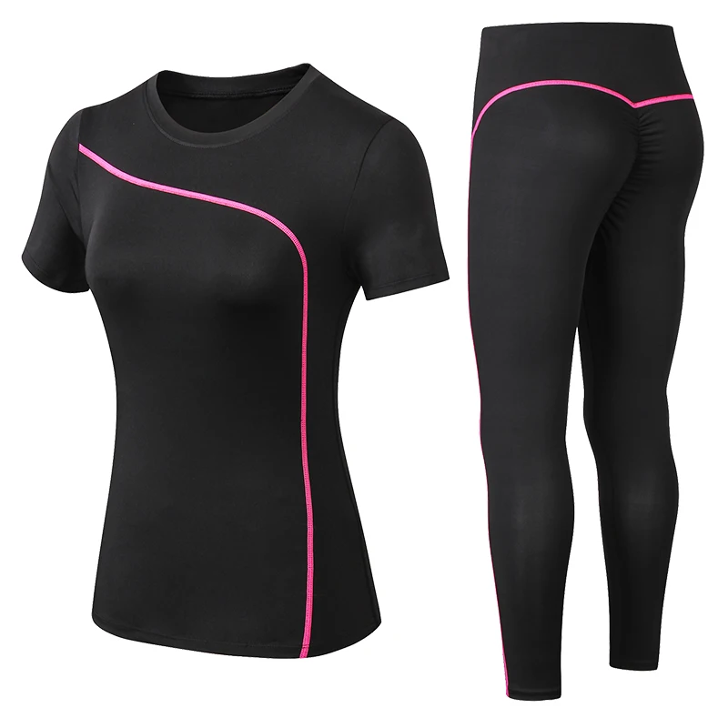 Zestaw do jogi Szybkoschnący 2-częściowy damski strój sportowy z krótkim rękawem i długimi spodniami Outdoor Sportswear Fitness Plus Size Strój sportowy dla kobiet