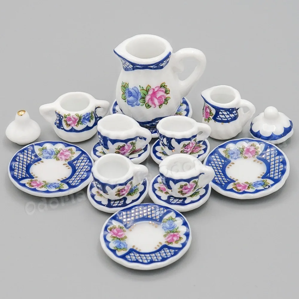 

Odoria 1:12 Miniature 15PCS Porcelain Tea Cup Set Blue Tableware Teapot Teaware Kettle Kitchen Dollhouse Accessories Decoration