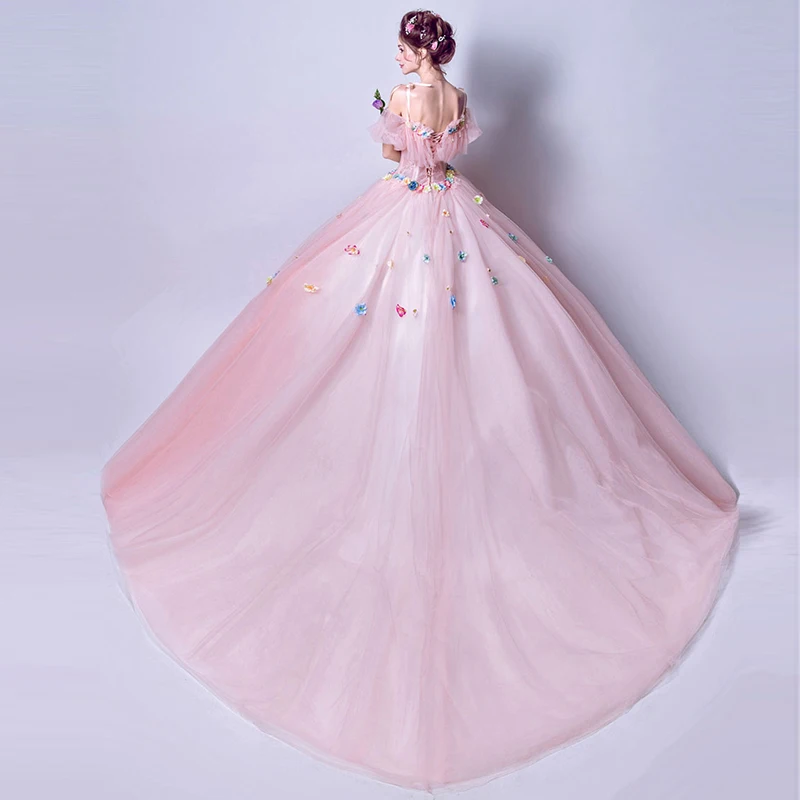 Vestido de quinceañera rosa, hombros descubiertos, tirantes finos, hecho a mano, flores hinchadas, vestidos de baile, tren de barrido, vestidos de quinceañera