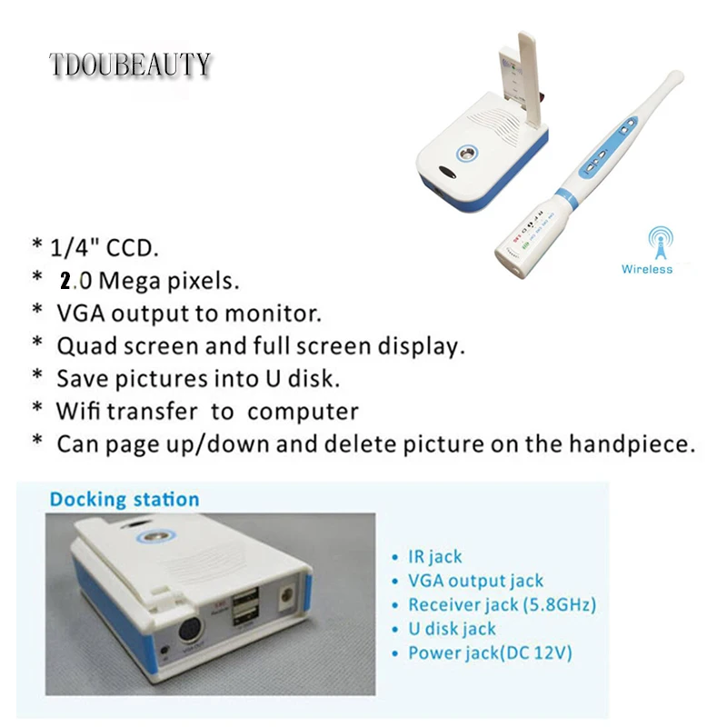 TDOUBEAUTY Can U 디스크 저장 및 와이파이 무선 CCD 치과 구강 카메라, 2.0 메가 픽셀 MD-2000W